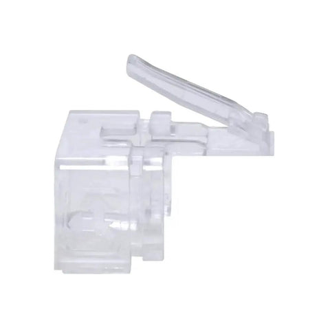 Side view of clear RJ45 Easy Plug Repair Clips For Cat5e And Cat6 Cables Clear Replacement, restores insertion and removal in pack of 50.