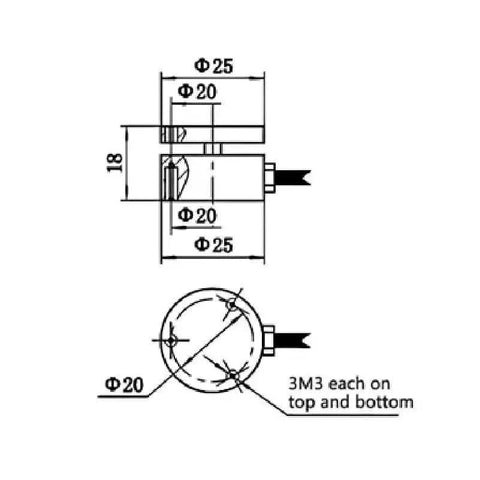 Technical drawing of a space saving ultra slim flat membrane load cell, 25mm diameter, for electronic scales and industrial applications.