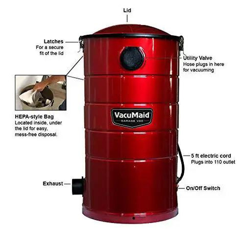 Pro Wall Mount Garage And Car Vacuum With 50 Ft Hose And Tools, Heavy Duty Galvannealed Steel, showing features like HEPA style bag and utility valve