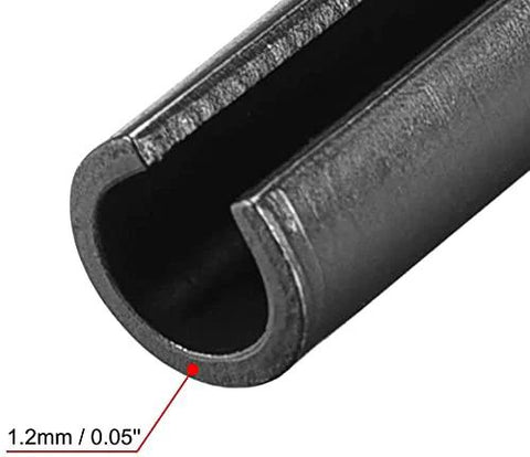 Close-up of a slotted spring pin from the 6mm by 18mm plain finish 65Mn roll pin assortment kit showing chamfered end and thickness.