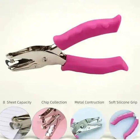 1/4 Inch Pink Handheld Circle Hole Punch For Crafting with soft silicone grip and metal construction