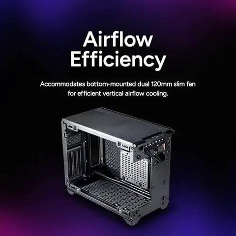 NR200P V3 Mini ITX Case Dope Compact Build With Top Mount 280mm Radiator, open side view showing fan and airflow efficiency.