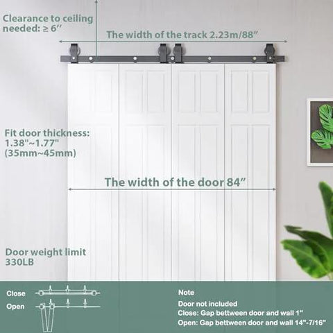 Heavy Duty Bi Folding Sliding Barn Door Hardware Kit For Four 21 Inch Panels, 88 Inch Track, Top Mount Roller System, Black Finish