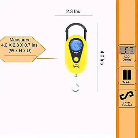 Beefy Hanging Scale With 11 Pound Capacity, LCD Digital Weigh Scale in bright yellow, featuring retractable handle, hook, and LCD display.