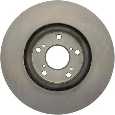 Front brake rotor with central hub and six lug holes; metallic gray steel disc.