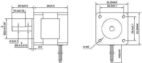 Technical diagram of Beefy NEMA 14 Stepper Motor with 1.8 degree step angle, showing dimensions and wire layout for CNC and robotics.