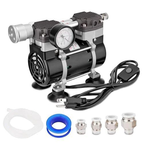 Amazon BISS 50L/min oil-free lab vacuum pump with gauge and silencer; includes hoses, quick connectors, tape, rubber feet.