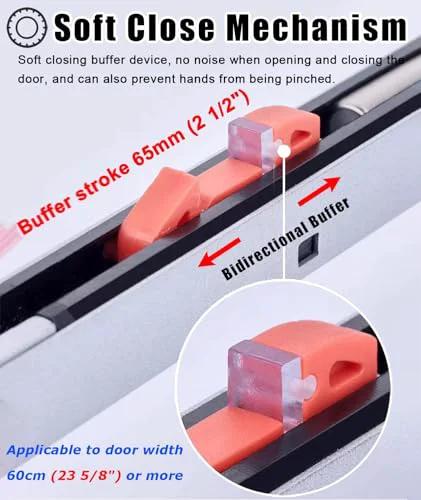 Ultra Smooth Soft Close Aluminum Sliding Door Track Kit focus on bidirectional buffer mechanism in silver, close-up view.