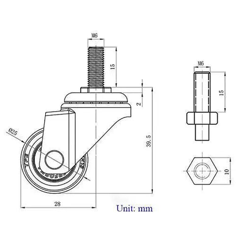 Technical diagram of 1 Inch Swivel Caster Wheel Replacement For Small Carts And Furniture with M6x15mm stem, 25mm diameter