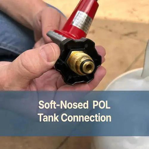 0-40 Psi Adjustable LPG Regulator With 48 Inch Thermoplastic Hose And Soft Nosed POL Three Eighths Inch Flare Swivel Fitting close-up