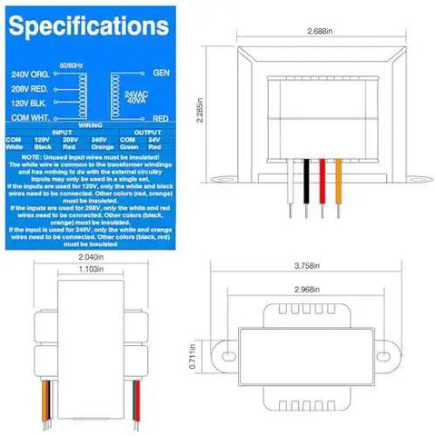 Specifications and dimensions of 24V 40VA Control Transformer For HVAC And Furnace With 24V Secondary Isolation Primary 120 208 240V Foot Mount Multi Tap For Relays Gas Valves And Control Circuits