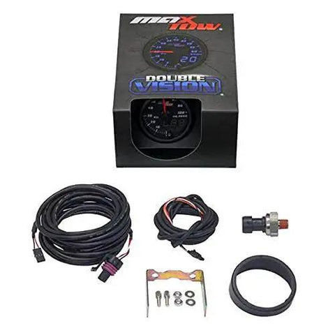 Double Vision 100 PSI Oil Pressure Gauge Kit For Trucks With Analog And Digital Readouts Includes Electronic Sensor Black Face Dial Blue LED Illumination Easy Mount 2-1/16 Inch 52mm Gauge MaxTow box with components