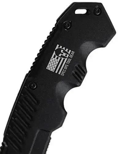 Close-up of black handle on Spring Assisted Folding Knife With A 3.5 Inch Steel Blade, Beefy Grip, Fast Deploy One Hand Open