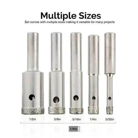 Front view of Diamond Hole Saw Set For Glass And Tile By Neiko 00823A Five Piece Diamond Drill Bit Set with sizes from 5/32 to 1/2 inch.