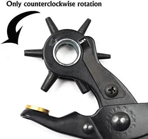 Close-up of Nine Inch Heavy Duty Leather Hole Punch Set With Rotating Wheel Six Punch Sizes, showing counterclockwise direction.