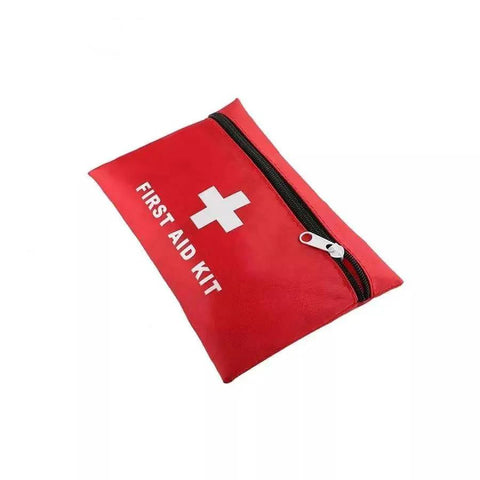 Grab-And-Go Compact Travel First Aid Kit With 95 Piece Emergency Set in red pouch for carry-on and backpacking.
