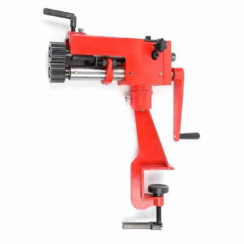 Side view of Sheet Metal Bead Roller With 6 Dies For 22 Gauge Steel 7 Inch Throat Manual Bead Roller Machine, industrial red design.