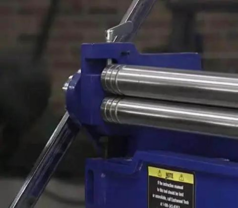 Close-up of 30 Inch Sheet Metal Shear Brake And Slip Roll Combo For One Person Operation showing rollers and handle.