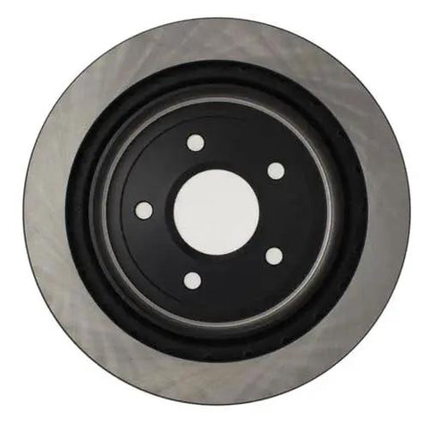 Centric Premium rear right brake rotor, front view with steel disc and black center hub with four lug holes.