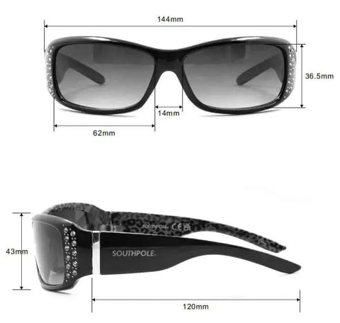 Front and side view of Bedazzled Wrap UV400 Rectangular Sunglasses For Women All Day Sun Shield Trendy Sparkle Frames 62mm Lenses