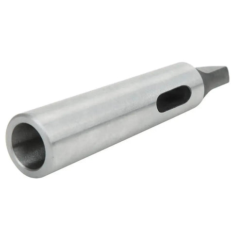 Metal MT3–MT2 taper drill sleeve reducing adapter; hollow bore, silver finish, with oval side window.