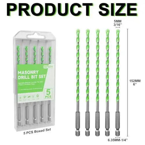 Heavy Duty 5 Pack 3/16 Inch Masonry Drill Bit Set With Carbide Tip And Hex Shank displayed with packaging and size dimensions