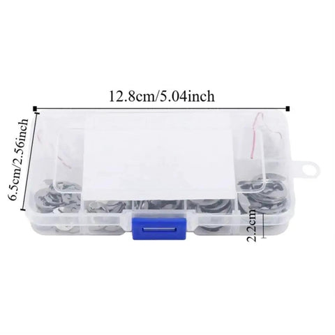 304 Stainless Steel E Clip Snap Ring Set 200 Pcs Kit with 20 sizes from 1.5mm to 10mm in labeled plastic box
