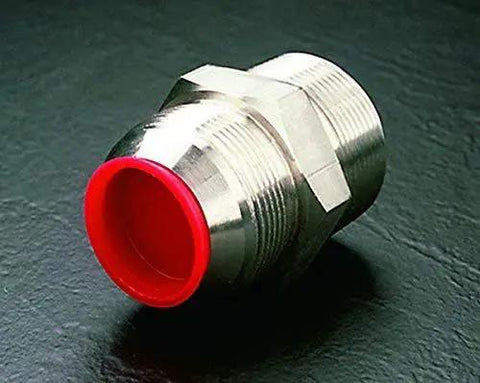 T Series Red LDPE Tapered Cap And Plug Pack on metal fitting, showing protective closure, EZ remove design by Caplugs.