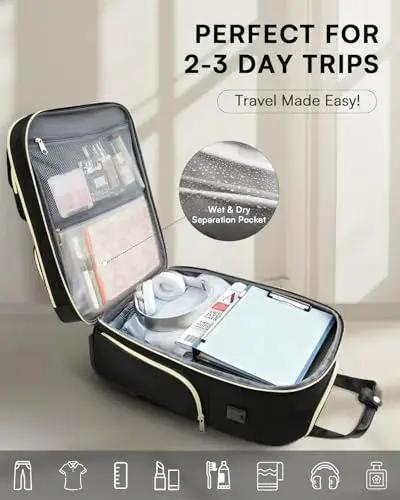 Open Underseat Carry On Luggage With Wheels, showing compartments and wet & dry pocket, ideal for 2-3 day trips, perfect for women business travel.