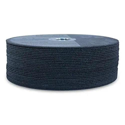 Stack of Ultra Thin Three Inch Aluminum Oxide Cut Off Wheels For Die Grinders Premium Twenty Five Pack Includes Three Eighth Inch Arbor