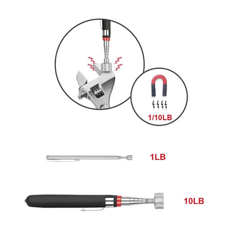 4 Pack Telescoping Magnetic Pick Up Tool Set For Retrieving Lost Metal Objects With Extendable Stainless Steel Tubes Bendable Curve Grabber Flexible Extra Long Reach Handy Four Claws Cushion Grip Handle Durable Quality Construction showing 1 lb and 10 lb capacity tools with cushion grip handle.