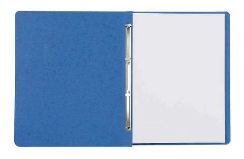 Dark blue Pressboard Report Covers With Scored Side Hinge, Letter Size, open view showing metal clasp and recycled fiber paper.