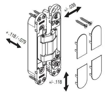 Diagram of Concealed Door Hinge With Hidden Pin And No Visible Barrel For A Slick Modern Look, shown with screws and cover caps.