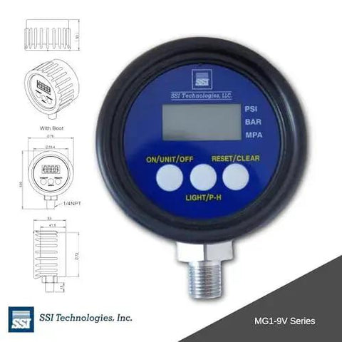 Digital Pressure Gauge With LCD Display For Industrial Use User Friendly Easy Readout Battery Powered By 9V Battery Included 1 Percent Accuracy 300 Psig Maximum Operating Pressure One Quarter Twenty Eighteen NPT Male Connector Auto Battery Saver Durable, with blue face and control buttons.