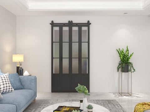 Frosted Glass Double Bi Fold Barn Doors With Black Steel Frame 48 Inch By 84 Inch Three Quarter Lites in a modern living room
