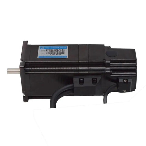 Servo motor with black housing, silver output shaft, and attached cables