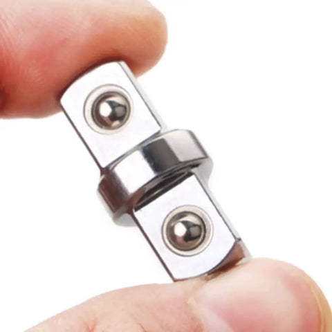 Close-up of chrome 3/8-inch socket sleeve adapter with dual square ends and swivel joint.