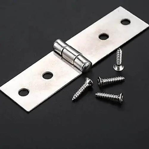 Two Pack Cabinet And Luggage Hinges With Screws, 74 By 20 Mm, 4 Holes, Zinc Alloy Jewelry Box And Wood Box Hardware, shown with screws.