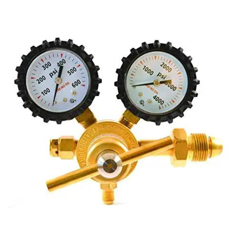 Nitrogen Regulator With 0 To 400 Psi Delivery Pressure, CGA580 Inlet, 1 Quarter Inch Male Flare Outlet, Easy Read 2 Inch Gauges