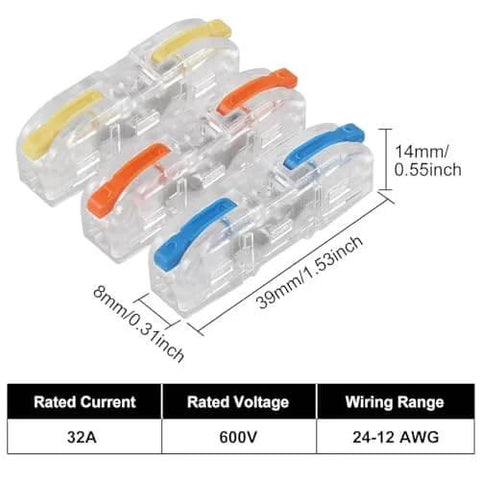 Three transparent lever connectors from 34 Piece Quick Connect Electrical Splicing Wire Connector Kit With Transparent Lever Connectors