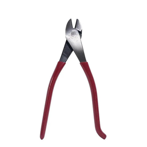 Diagonal Cutting Pliers D248 9ST Workhorse High Leverage Rebar Cutter And Rebar Bender Angled Head For Confined Spaces Short Jaws And Beveled Cutting Edges Hooked Handle So It Will Not Slip Made In USA Ironworker Tool with red handles