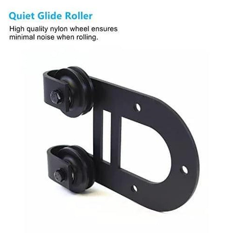 Close-up of Black Rustic Non Bypass Sliding Barn Door Hardware Kit for One Door with House Shoe Rollers