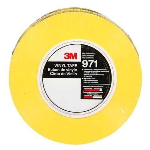 Durable Floor Marking Tape 971 Single Roll Yellow 4 in x 36 yd, heavy-duty vinyl for high-traffic areas, label view