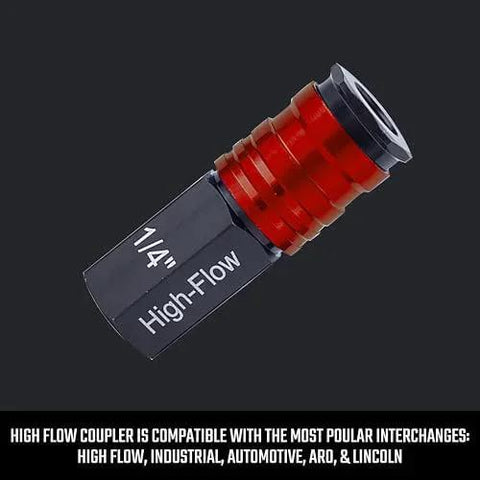 High Flow Aluminum Air Fittings Kit, Four Piece Set With One Quarter Inch NPT Threads, Big Bore For Maximum Airflow, compatible with Industrial Automotive ARO Lincoln and Universal Plugs Craftsman, close-up view
