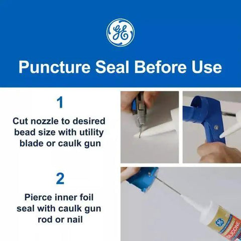 Instructions for using Waterproof Kitchen And Bathroom Silicone Caulk White 10 Oz 1 Pack Strong Adhesion showing nozzle cutting.