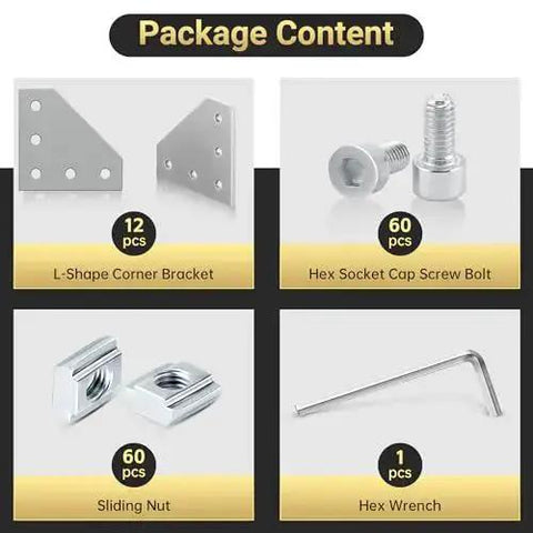 12 Set Corner Bracket Kit For 20x20mm Aluminum Extrusion Profiles With L Shape Joint Plates, 60 T Nuts, 60 Screws And 1 Wrench
