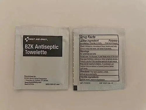 BZK antiseptic towelette packets included in OSHA Compliant All Purpose First Aid Kit For 100 People Perfect For Worksite Office Home And Car
