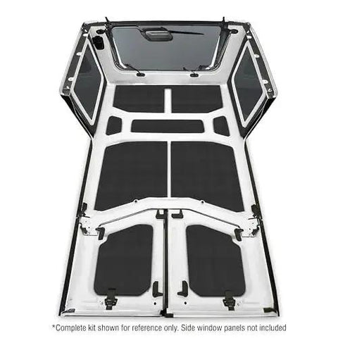 Boom Mat Black Sound Deadening Headliner For Jeep Wrangler JL 2018 Up Custom Fit shown inside hard top, full kit view.