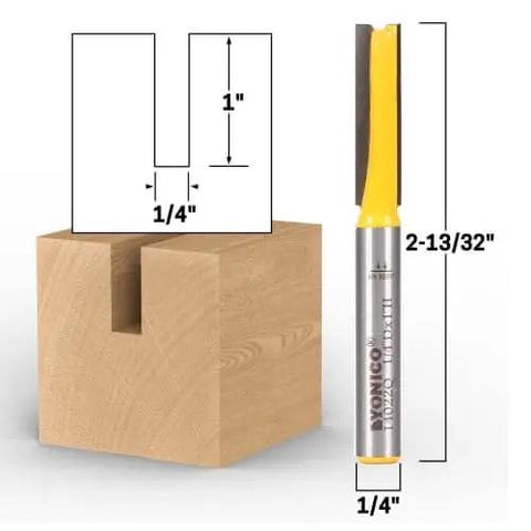 Straight Router Bit With 1/4-Inch Diameter And 1-Inch Cutting Length, 1/4-Inch Shank For Dados And Straight Cuts, Ideal For Woodworking Pros, Joinery And Cabinetry, Premium Carbide Blades For Sharp, Long-Lasting Performance, Model 14022Q shown next to wood block with dado cut