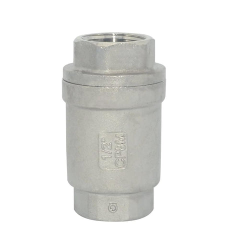 In-line 1/2 in NPT female check valve, stainless steel SS316 CF8M, spring-loaded